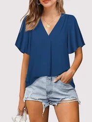 Office Lady Blouse Summer Women V-Neck Loose Short Sleeved T-Shirt  Daily Casual Tops Work Clothes