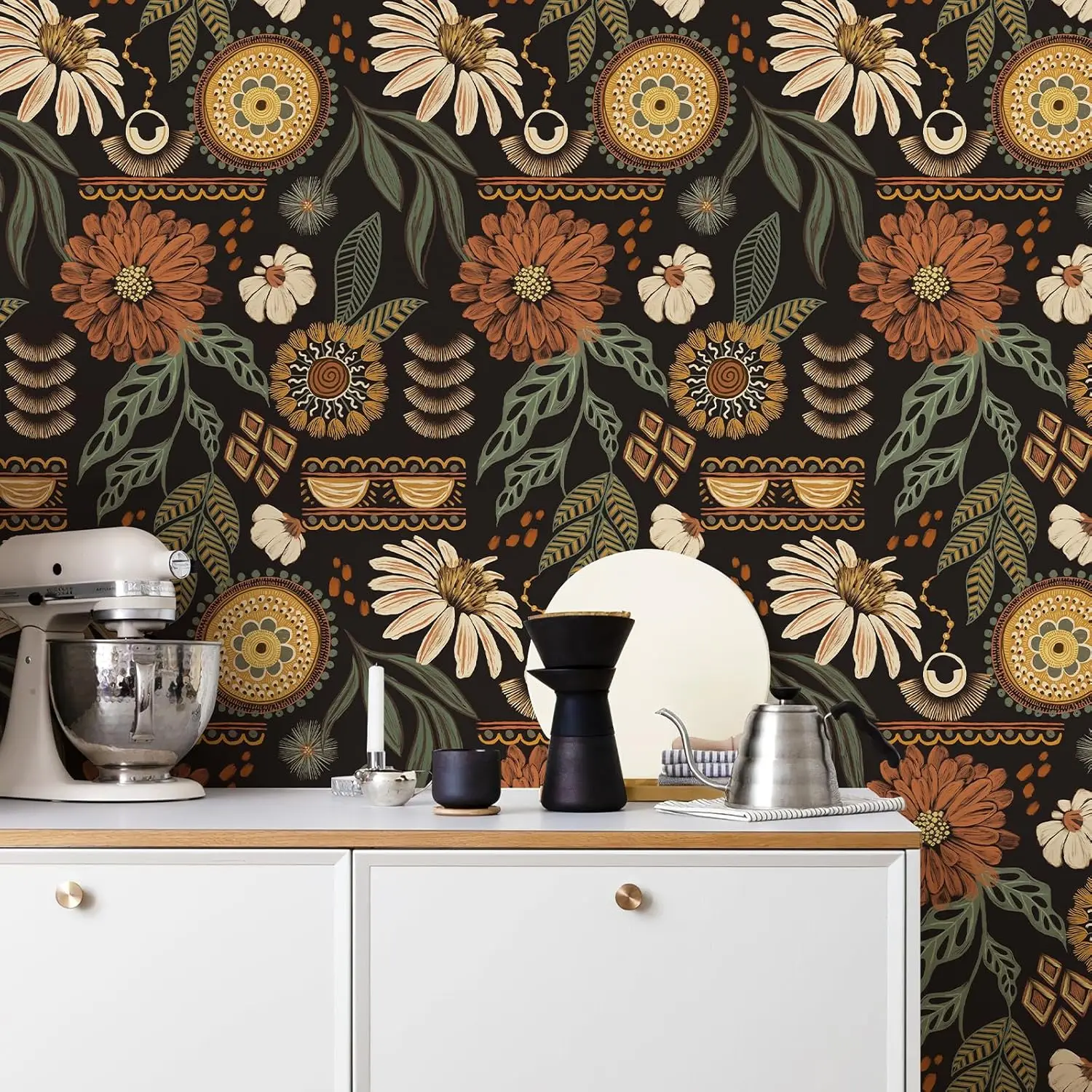 Boho Wallpaper Peel and Stick Sun Floral Retro Removable Contact Paper Dark Botanical Flowers Self Adhesive Wall Mural for Decor