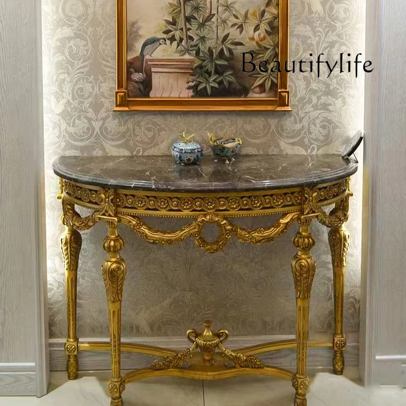 French luxury solid wood carving and gold foil strip case villa living room corridor marble desktop entrance platform