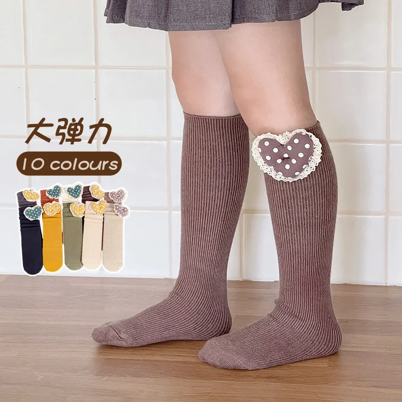 Cute Girls Multi‑Color Calf Socks Ornate With Polka Dot Lace Heart Accent And Neat Fine Striped Pattern Soft Comfortable Hosiery
