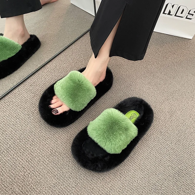 العصرية شعر النعال للنساء 2024 الخريف الشتاء جمع أفخم سميكة القاع المنزل كسول كلمة واحدة نعال من القطن للخارجية