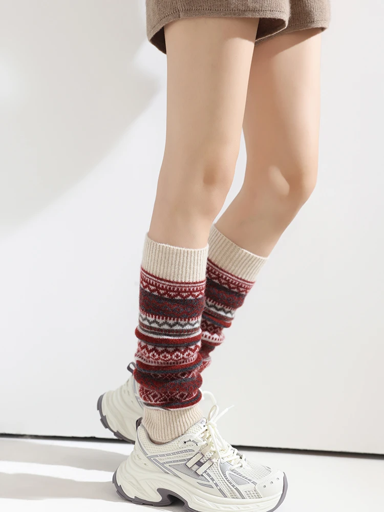 Women Fair Isle Jacquard 100% Pure Cashmere Leg Warmers Knit Boot Toppers Calf Sleeves Slouchy Socks Winter Thick Long Gaiters