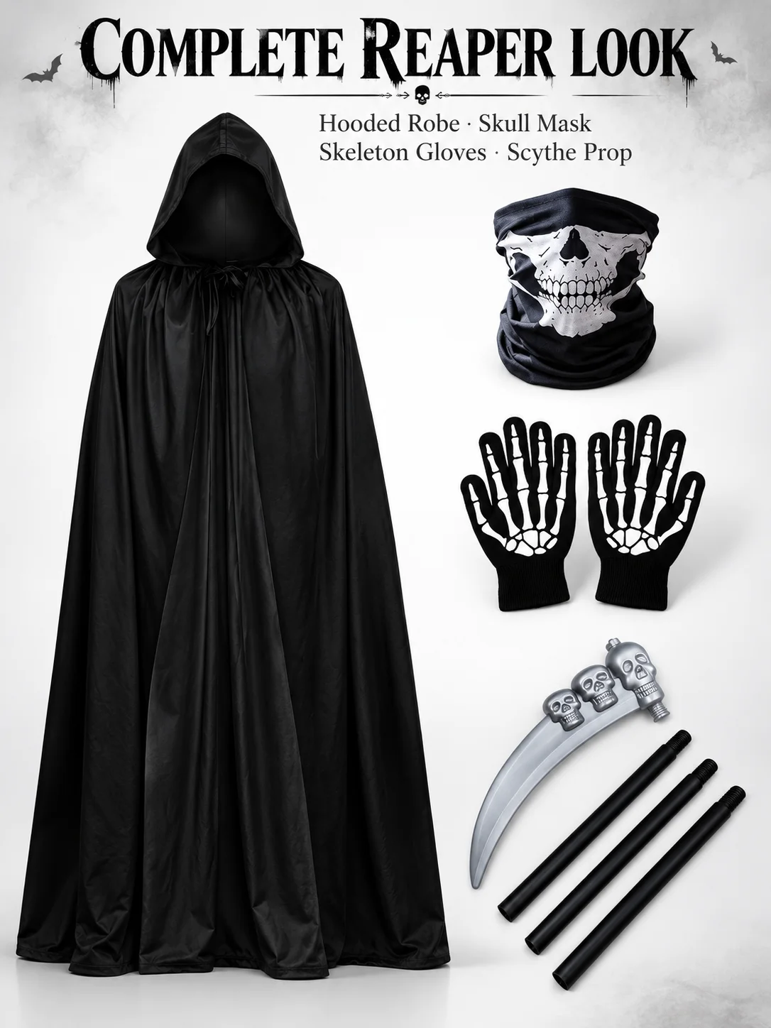 Halloween Grim Reaper Costume Set with Hooded Black Robe, Skull Mask, Skeleton Gloves & Scythe Prop for Adult Cosplay Party