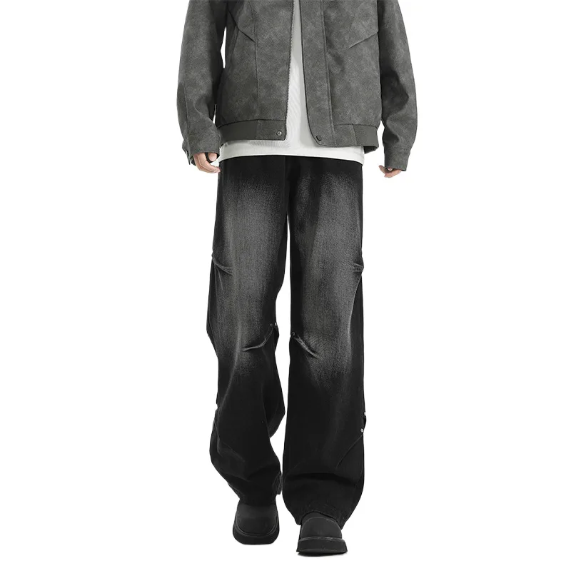 

Американские винтажные новые модные 2024, мужские однотонные повседневные модные прямые широкие джинсовые брюки, мужские свободные джинсовые брюки, одежда