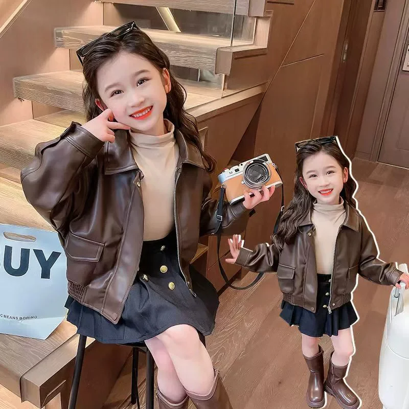 1-14 Years Girls Lapel Short PU Leather Coat Spring Autumn Motorcycle Style Zipper Jacket Kids Stylish Cool Outerwear