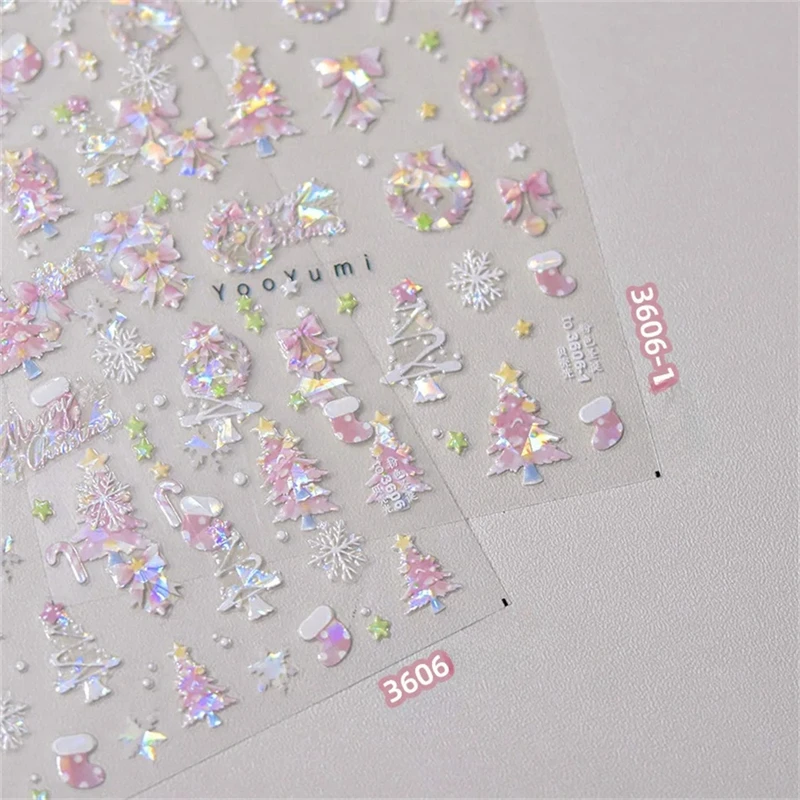 1pcs Pink Christmas Nail Stickers Shiny Shell Light Nail Art Parts Stickers Cute Snowflakes Star Wreath Nail Decorations Decals