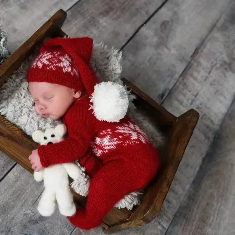 Christmas Jumpsuit for Newborn Photography Hat+Bodysuit 2Pcs/set Studio Baby Photo Props Accessories Crochet Knit Costume Outfit