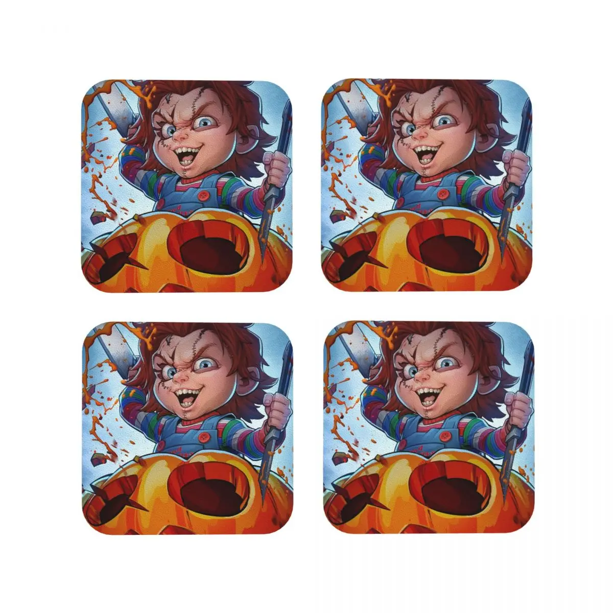 Chucky Carve Pumpkin Coasters Kitchen Placemats Waterproof Insulation Cup Coffee Mats For Decor Home Tableware Pads Set of 4