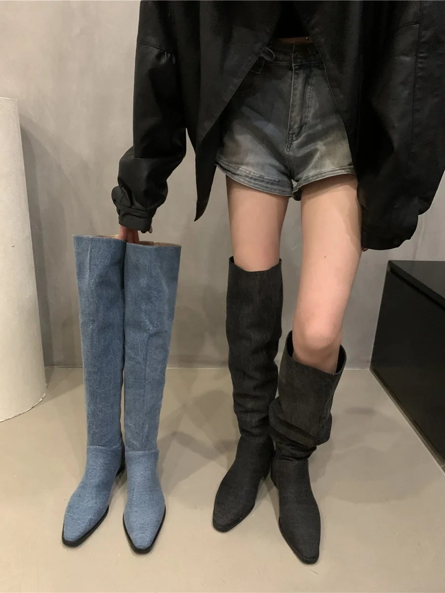 Women\'s Cowboy Boots Shoes Sexy Thigh High Heels High Sexy Winter Footwear Round Toe Denim Ladies Over-the-Knee Autumn 2023 Rub