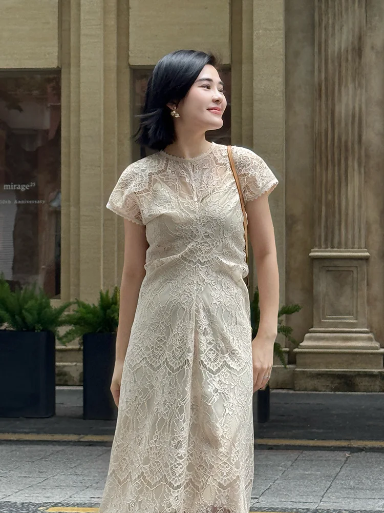 

Ele White Lace Waist-Cinching Dr by Yuan ling Staable Luxury Summer 2025 ort Sve Polyester round Ne Par D...