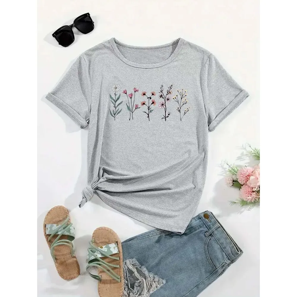Drôle imprimé fleuri femmes T-shirt été décontracté à manches courtes haut col rond pour femme fleur vêtements hauts t-shirts Y2K Streetwear