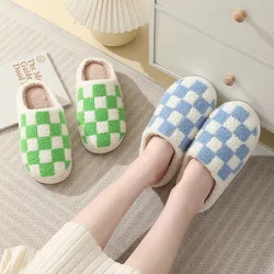 Home Slipper Womens Plaid Winter Warm Kawaii Cartoon Plush Contton Indoor Funny Cute Fuzzy Floor House Shoes Female Checkerboard