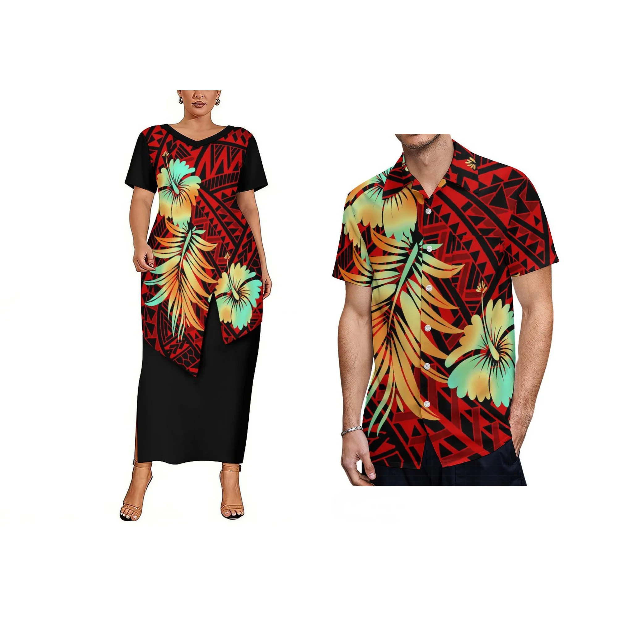 

Low Price Custom Skirt and and Long Top Fashion V-neck 2 Piece Outfits Asymmetrical Hem Polynesian Puletasi Ladies Dress