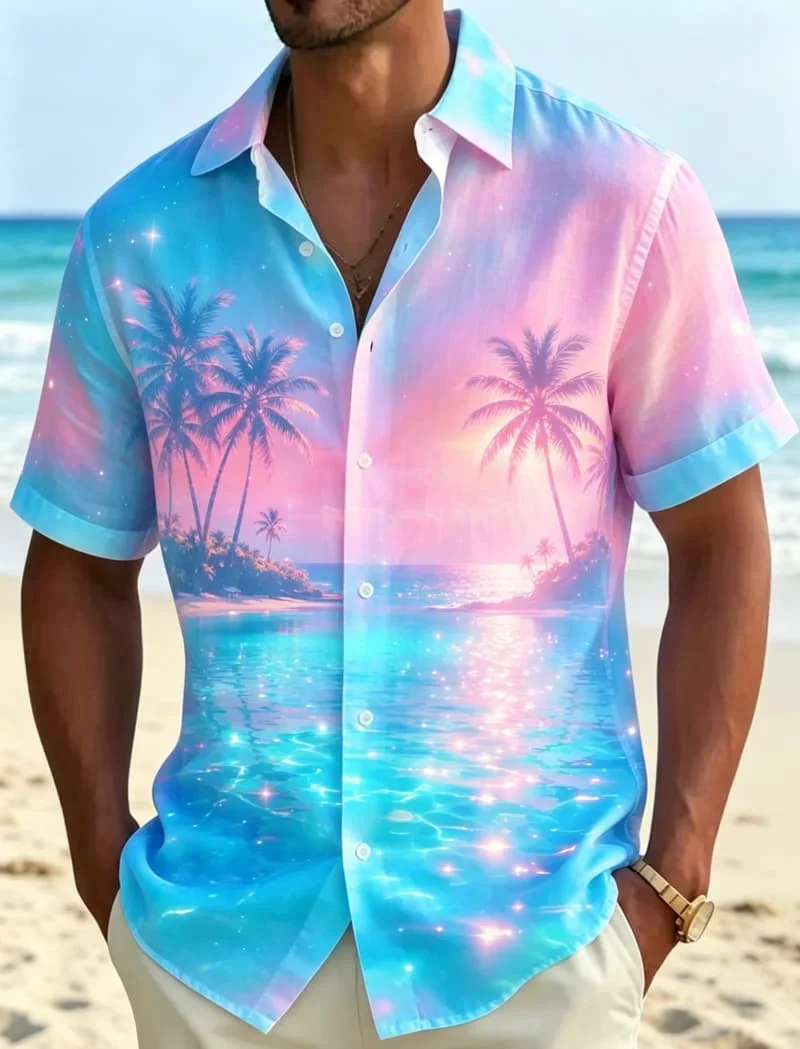 Men's Tropical Neon Landscape Printed Short Sleeved shirt, Natural And Distinctive style, For Summer Parties And Daily Styles