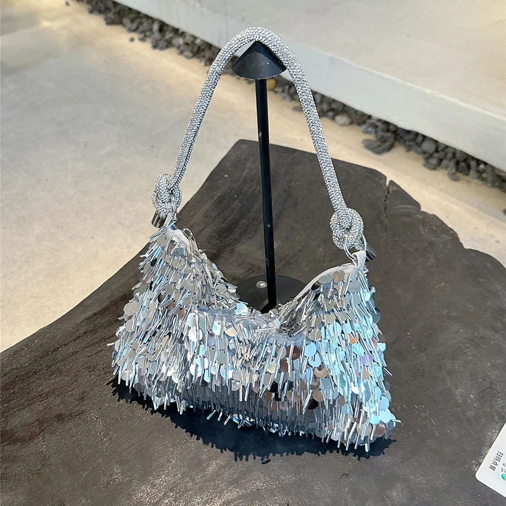 Fashion Shiny Silver Sequins Shoulder Bag Women's Trendy Blingbling Soft Banquet Underarm Bags Club Party Versatile Handbags