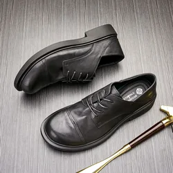 Men's Genuine Leather Shoes Lace-up Business Casual Large Round Head Soft Sole Ankle Walking Sneakers Outdoor Trekking College