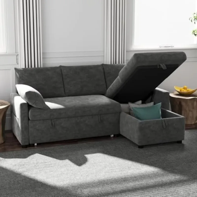 Fabric sofa bed L-shaped chenille fabric sofa bed with pull-out bed and storage lounge chair, suitable for living rooms