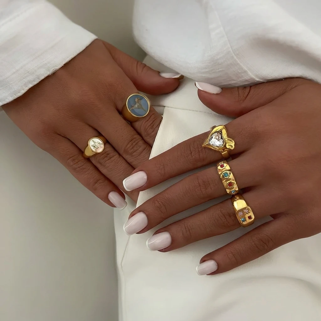 Vergoldeter Edelstahlring für Damen mit bunten Zirkonia-Steinen, unregelmäßigem Herz-, Quadrat- und Blumenmuster, verstellbar, Statement-Schmuck, Geschenk – Detail 5