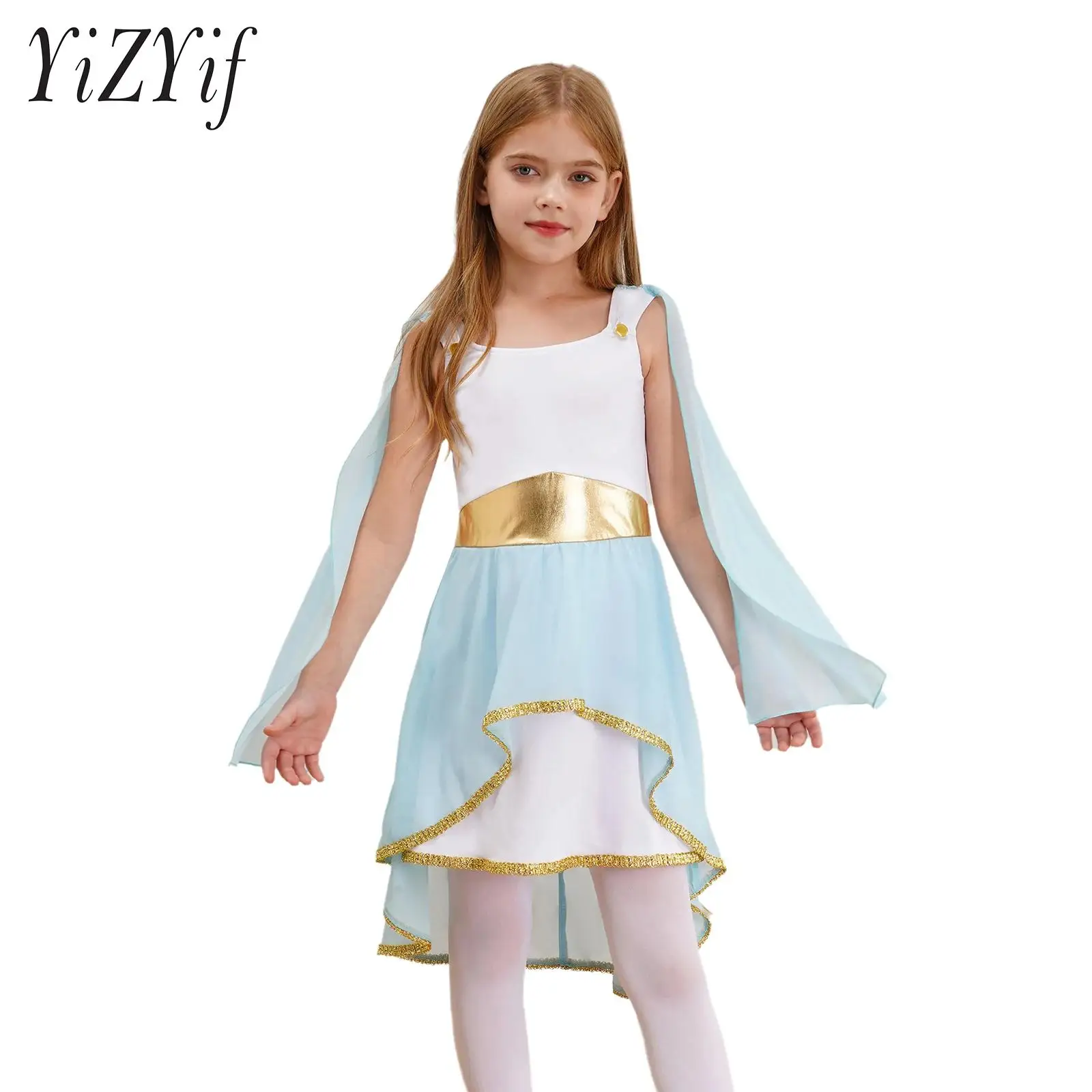 Girls Roman Toga Costume Ancient Greek Princess Irregular High Low Dresses Halloween Grecian Rome Nobility Cosplay Dress Up