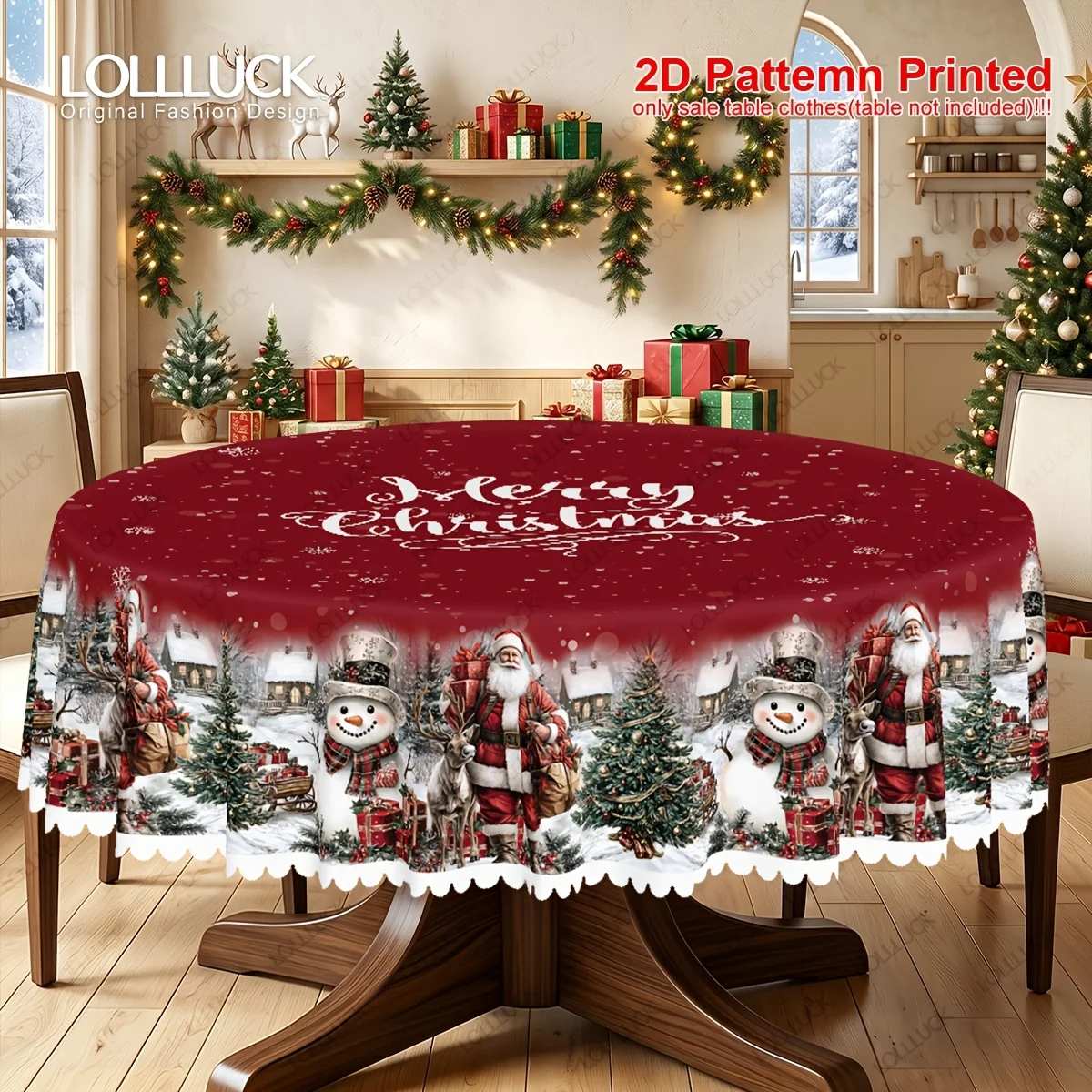 One item, a Christmas-themed tablecloth with a design featuring a red Santa Claus, a snowman, and a snowy scene.zyc