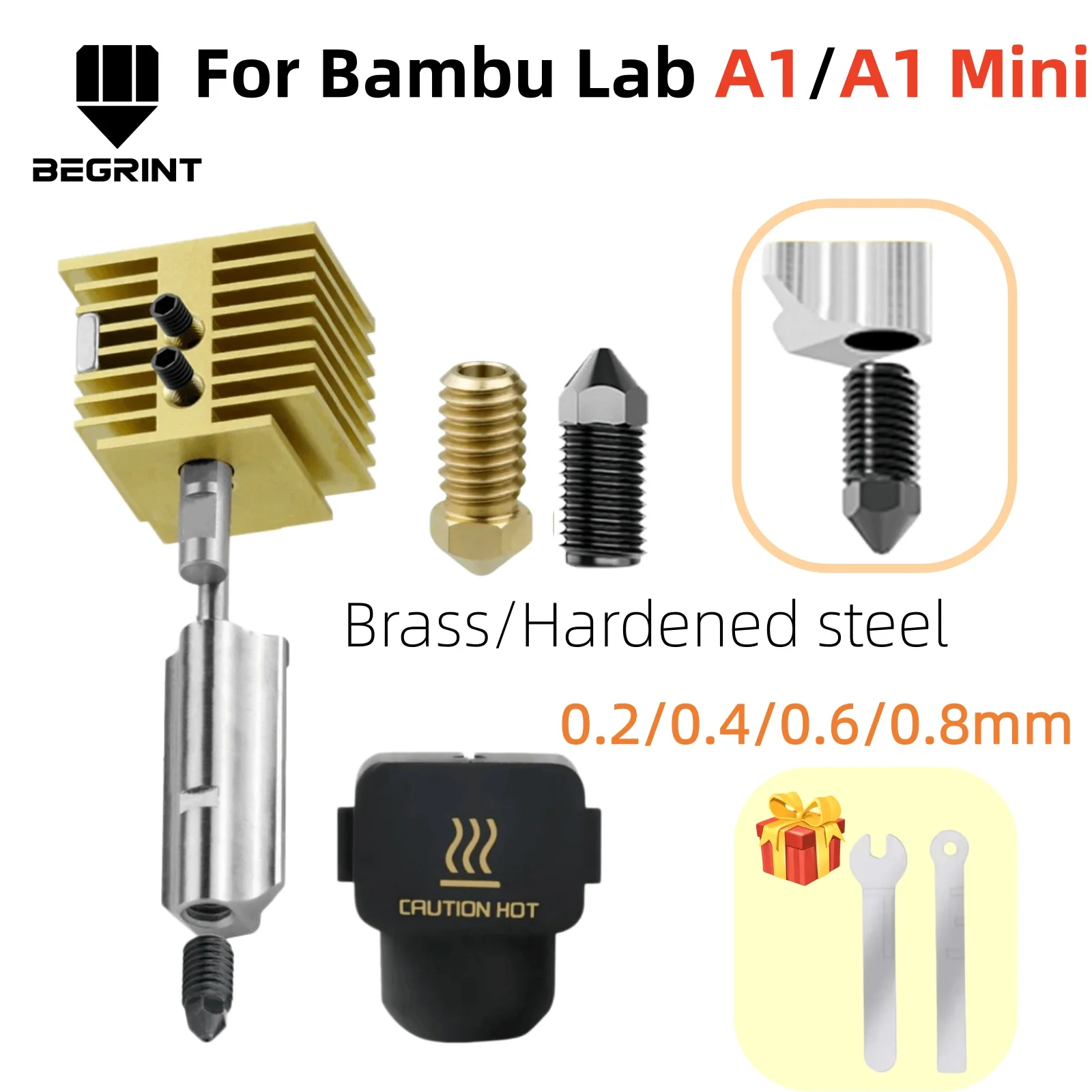 

For Bambu Lab A1/A1 mini Assembly Hotend Kit with 0.2/0.4/0.6/0.8 Brass Hardened steel Nozzle For Bambulab A1 3D Printer Parts