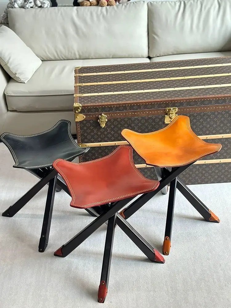Retro Portable Folding Stool, Cowhide Bench, Small Solid Wood Bench, Shoe Changing Stool, Maza