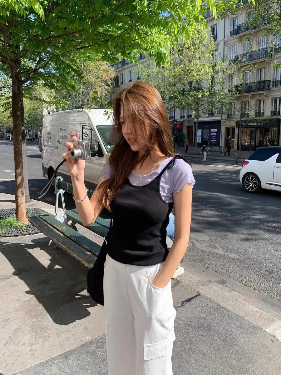 

Sweet ort Sve T-irt And ter Vest Two-Piece Set with Wood ain Ruffle for Young Women Summer Faion Ladies Top