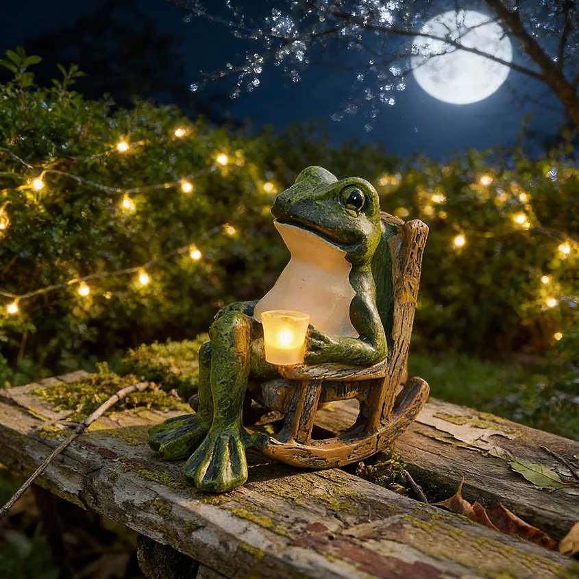 Solar Powered Rocking Chair Frog Resin Figurine Cute Animal LED Night Light Outdoor Garden Yard Decor Indoor Desktop Ornament