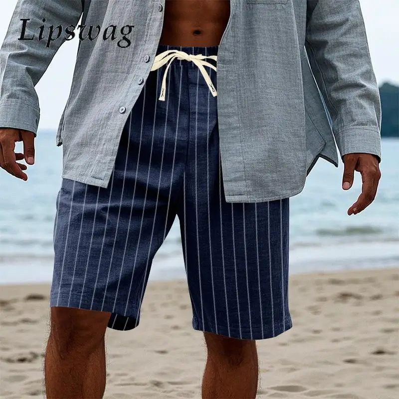 

Лето 2024, новые повседневные свободные шорты на шнуровке, мужские новые модные прямые короткие брюки на шнуровке, винтажные льняные шорты в полоску для мужчин