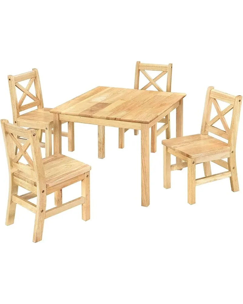 طقم طعام للأطفال من الخشب الصلب الطبيعي مع 4 كراسي