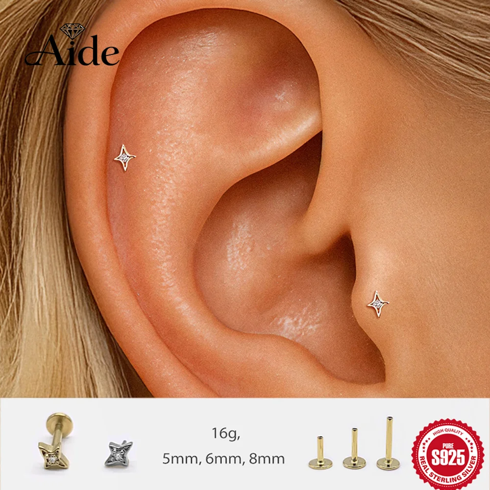 AIDE 925 Sterling Silver Sparkling Quadrangular Star For Lobe Tragus Cartilage Helix Piercing Women INS Birthday Bridal Gifts