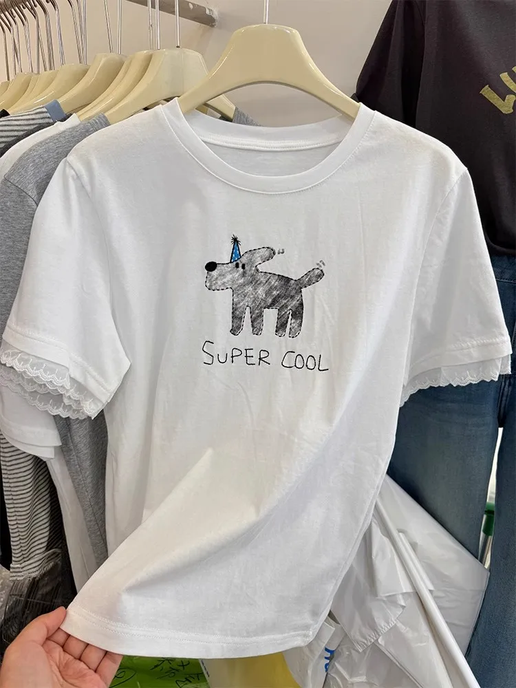 Grande taille 300 Pou dessin animé chien imprimé dentelle Sve rond Ne ort Sve T-irt femmes été nouveau Sle coréen coupe ample