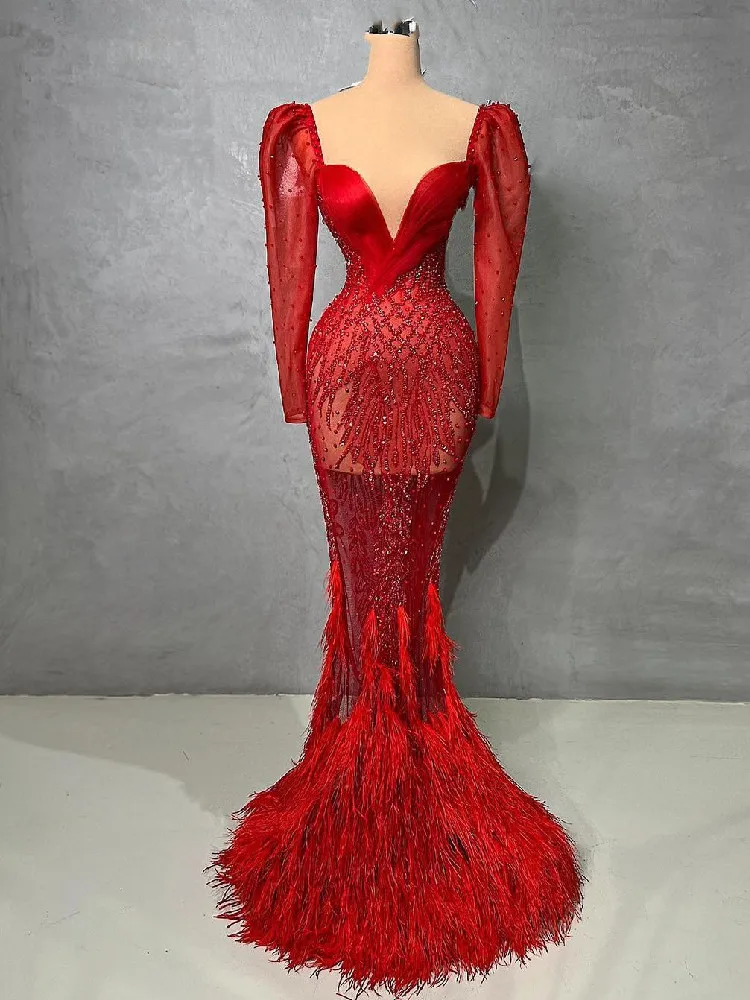 Red Mermaid Evening Dresses Long Sleeves V Neck Sequins Beaded Appliques Lace Pearls Hollow Satin Train Prom Dresses Custom Made