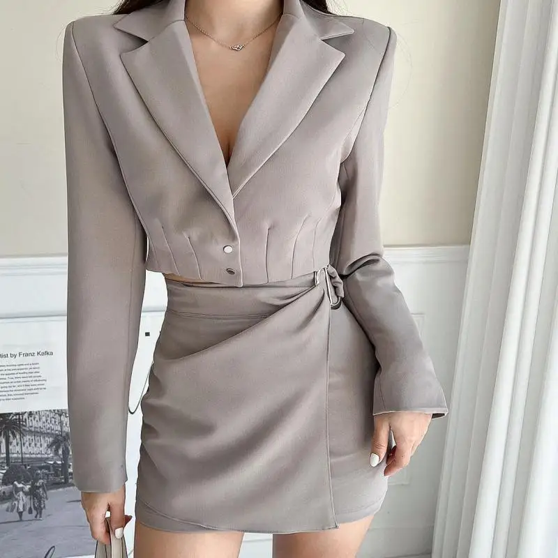 

Женский зимний повседневный костюм в стиле ретро, куртка, нерегулярные комплекты с полуюбкой, однотонные двубортные юбки для поездок на работу, комплект из двух предметов