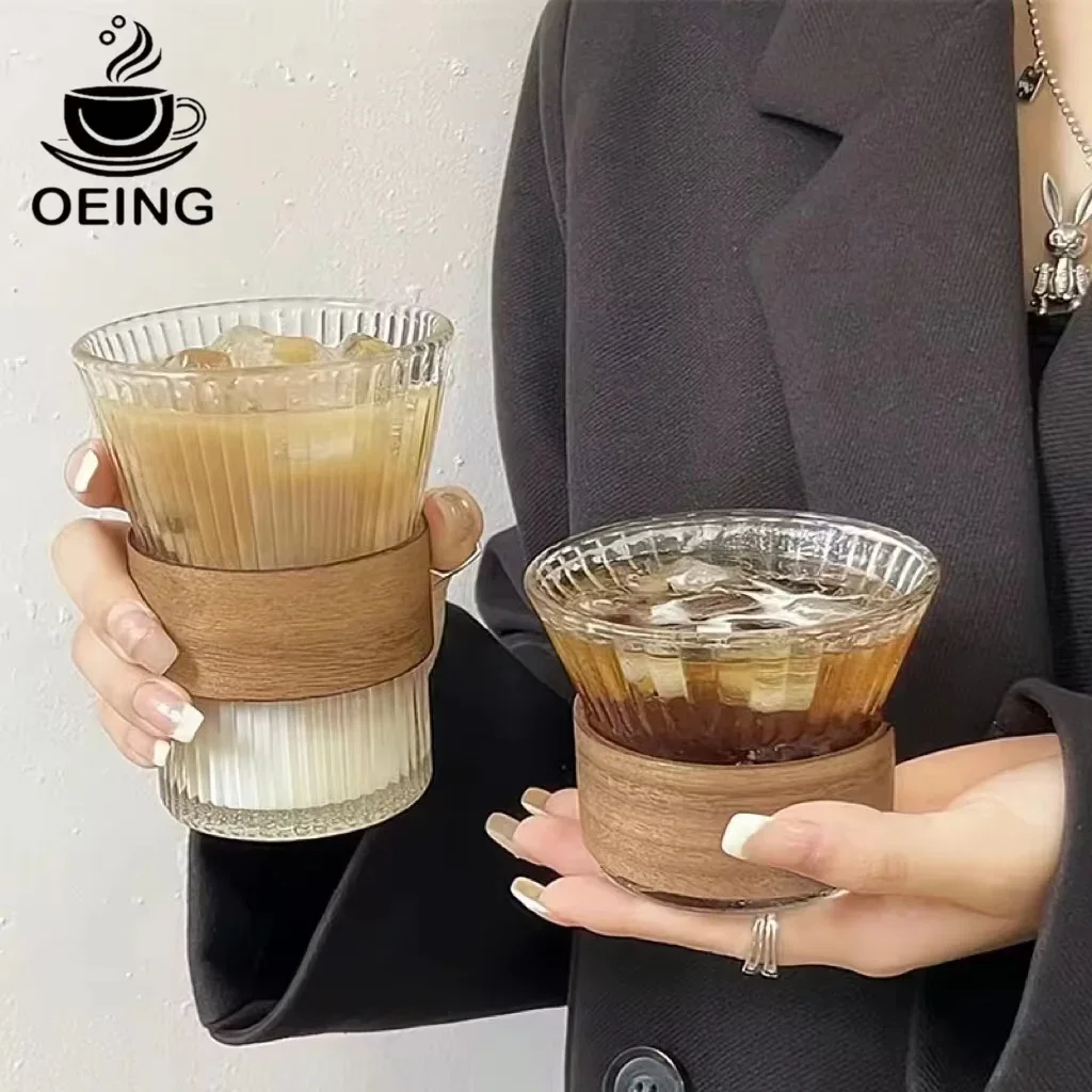 

200/280ML Japanese style glass coffee cup set anti-scalding walnut cup set waist hanging ear coffee set red wine beer cup