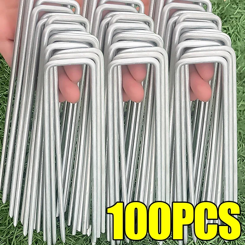 

100/10pcs Heavy-duty U-type Garden Staples Fence Tubing Stakes Sod Pins Galvanized Landscape Spike Holding Lawns Ground Nail