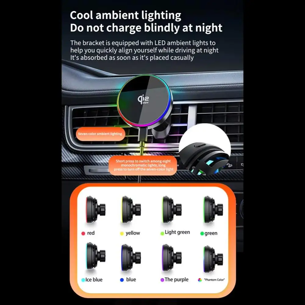 Magnetisches 25W Kabelloses Auto-Ladegerät Lüftungshalterung mit RGB-Ambientebeleuchtung für iPhone 17 16 Pro Max 15 14 13 – Detail 17