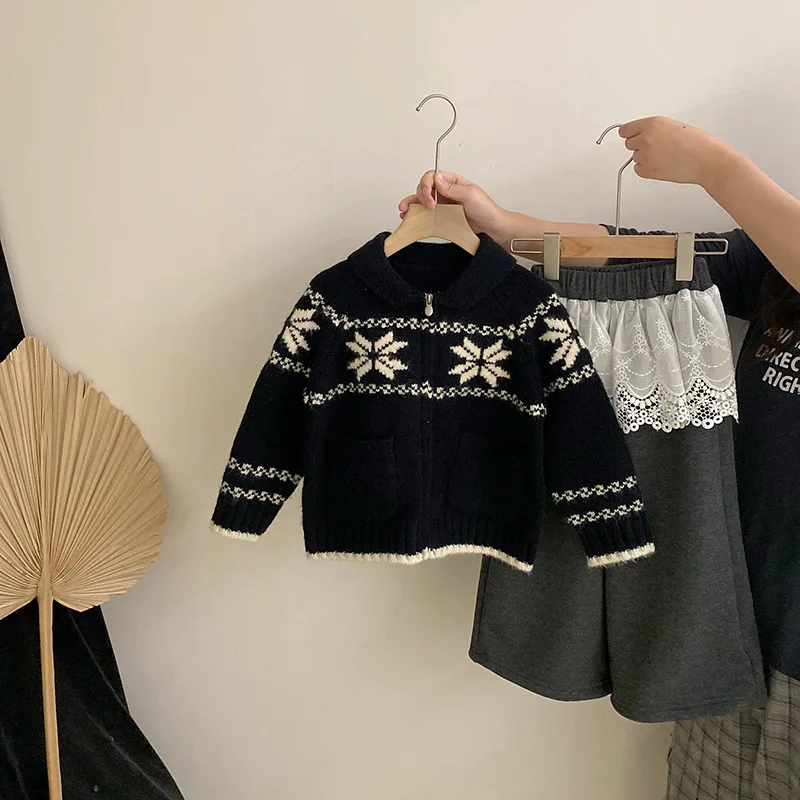 

Children Girl Autumn Winter Clothes Kids Girls Jacquard Velvet Knitted Zipper Sweater Suit Toddler Kid Girl Thick Wide Leg Pants