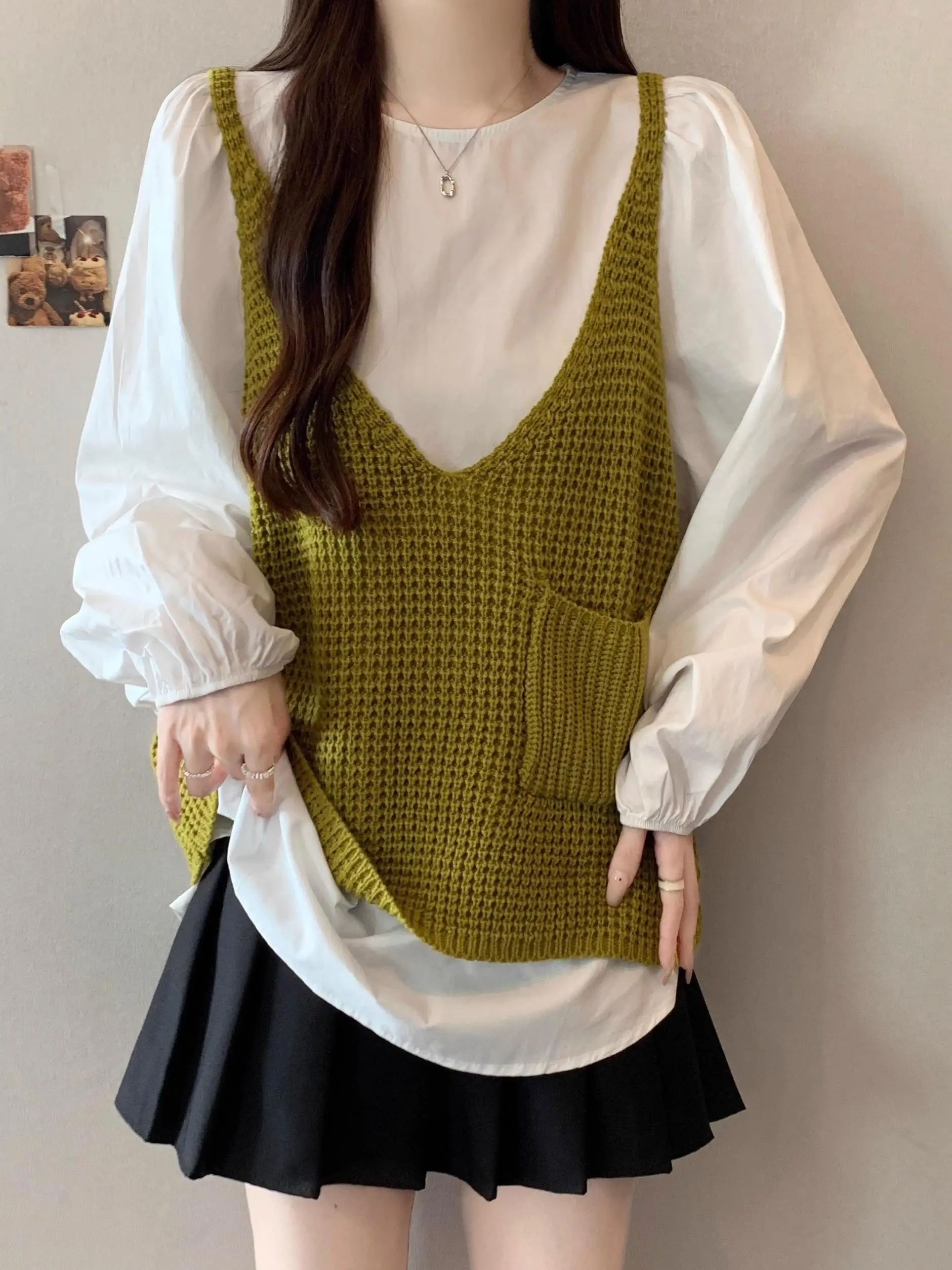 

Осень 2023, женский вязаный жилет больших размеров, топ Long Sve, закрывающий живот, корейский повседневный комплект irt для молодых женщин