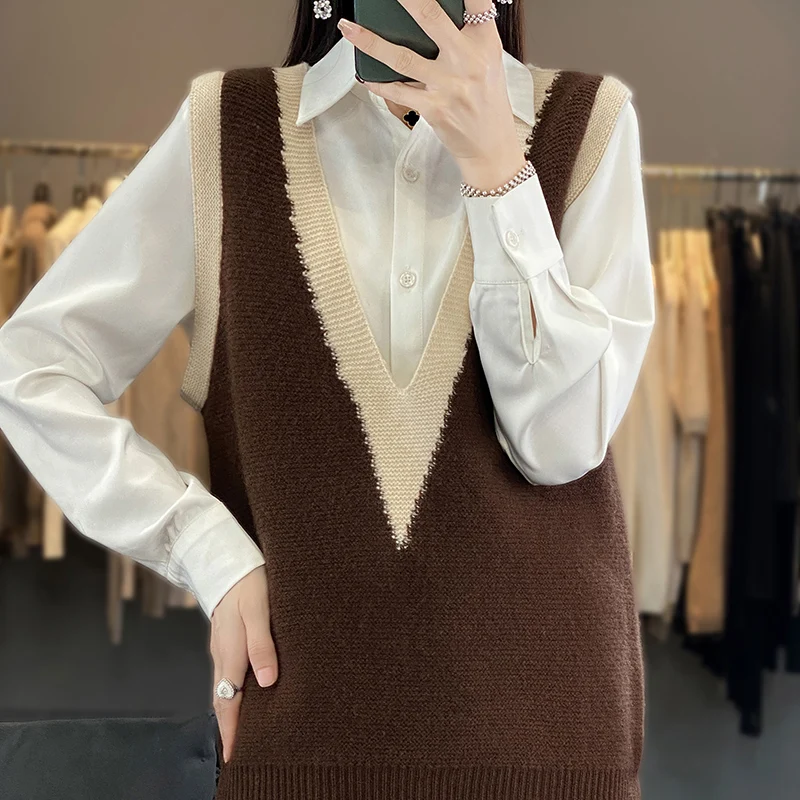 Autumn And Winter 100% Merino Wool Matching Color V-Neck Women\'s Casual Pullover Sleeveless Vest Sweater Loose New Style