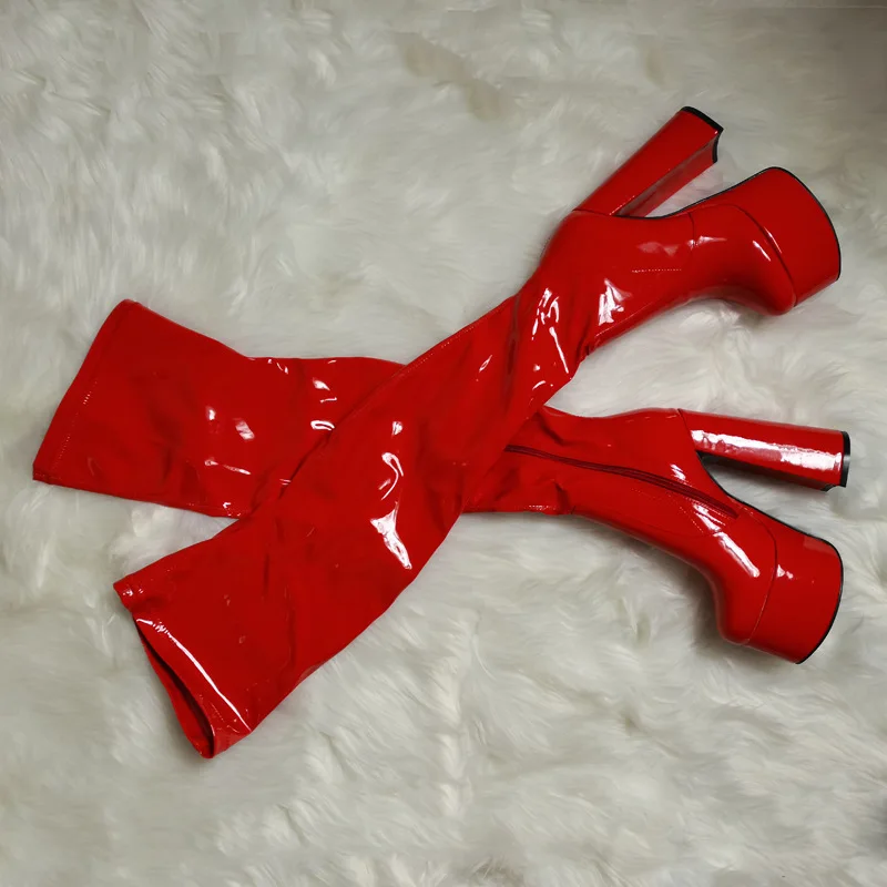 

Thick Sole Patent Leather Women Over The Knee Boots Chunky Heels Comfort Waterproof Platform Boots