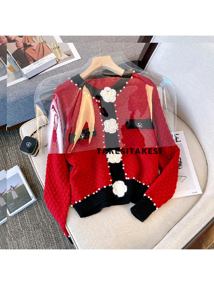 2022 High-end Loose Cropped Cardigan Sweater Rose Flower Beaded  Jacket Women Autumn and Winter  Short Knitted Coat Top Y2k