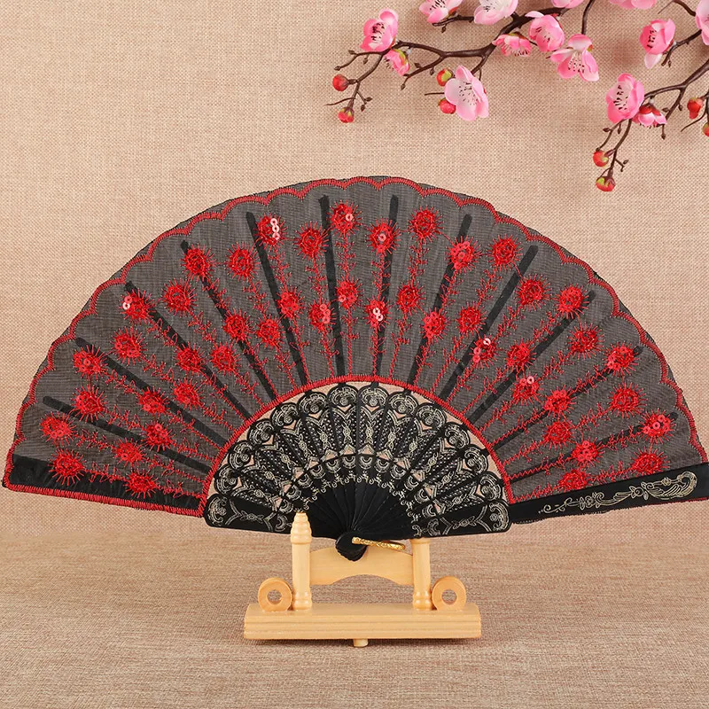 Black-Handled Sequin Fan, Chinese-Style Dance Fan, Peacock Tail Fan, Sequin Embroidered Fan, Wing Chun Fan