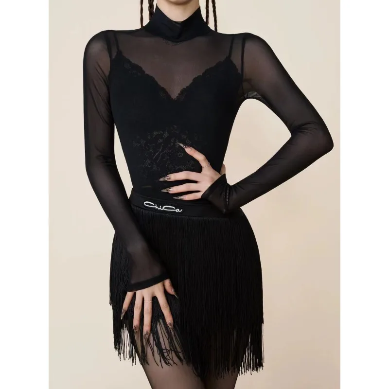 

2025 Black Latin Dance Dress for Prom Dancewear Skirt Practice Wear Clothes Girls Female Line Suit Womens Stage Samba Dress
