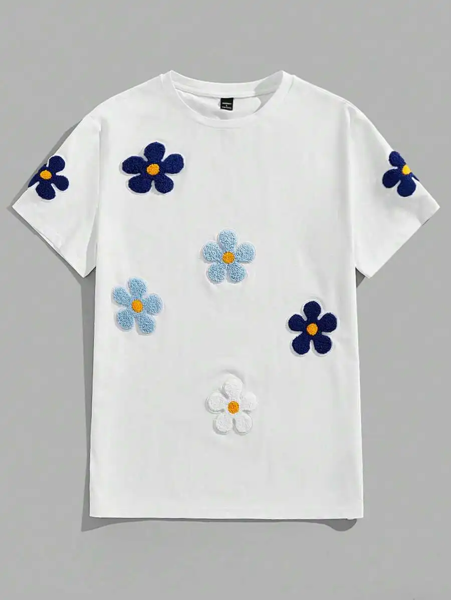 Men's White Short Sleeve T-Shirt with 3D Floral Appliqué Design for Casual Wear