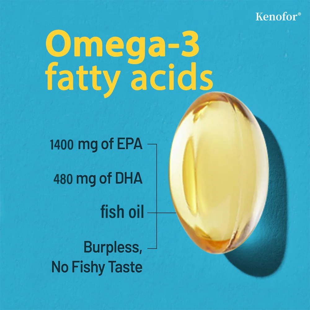 Kenofor Omega 3 Fish Oil Capusles with EPA & DHA Helps Brain Development & Cardiovascular Health for Eye and Skin Health