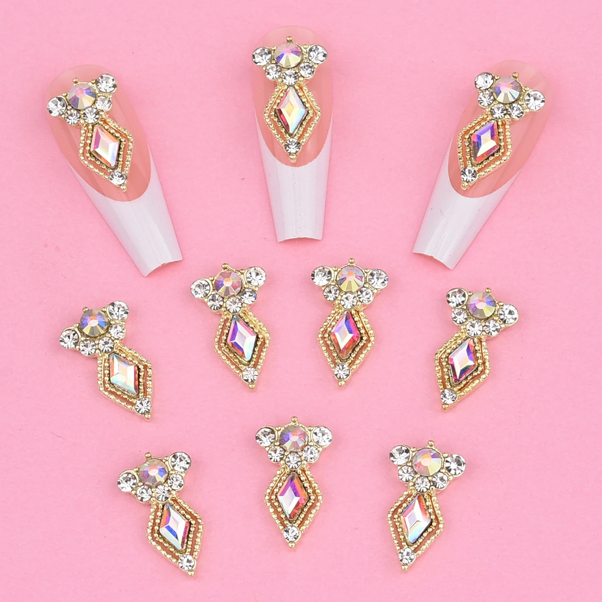 10pcs Long Gold/Silver Luxury 3D Nail Charms Crystal Rhinestone Rhombus Sparkle Nail Jewelry for Women Nail Decoration NJ23912-1