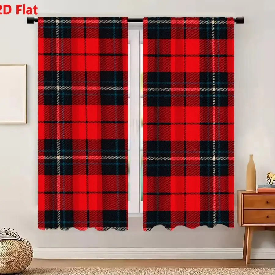 2Pcs Curtains 2D Flat Classic Tartan Red Navy Blue Plaid Pattern Seamless Textile Print Window Drapes for Bedroom Room Decor Dec