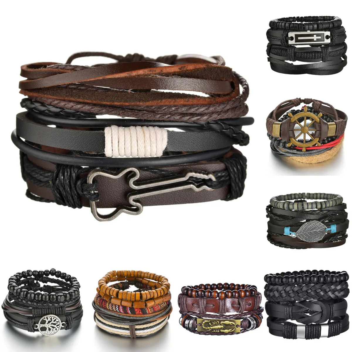 Braided Wrap Leather Bracelets for Men Vintage Life Tree Feather leaf Heart Rudder Charm Wood Beads Ethnic Tribal Wristbands