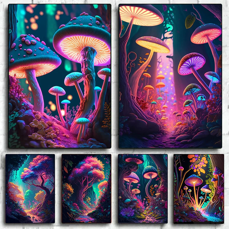 Abstract Psychedelic Mushrooms Enchanted Forest Poster Canvas Painting Colored Wall Art For Living Room Home Decor Cuadros